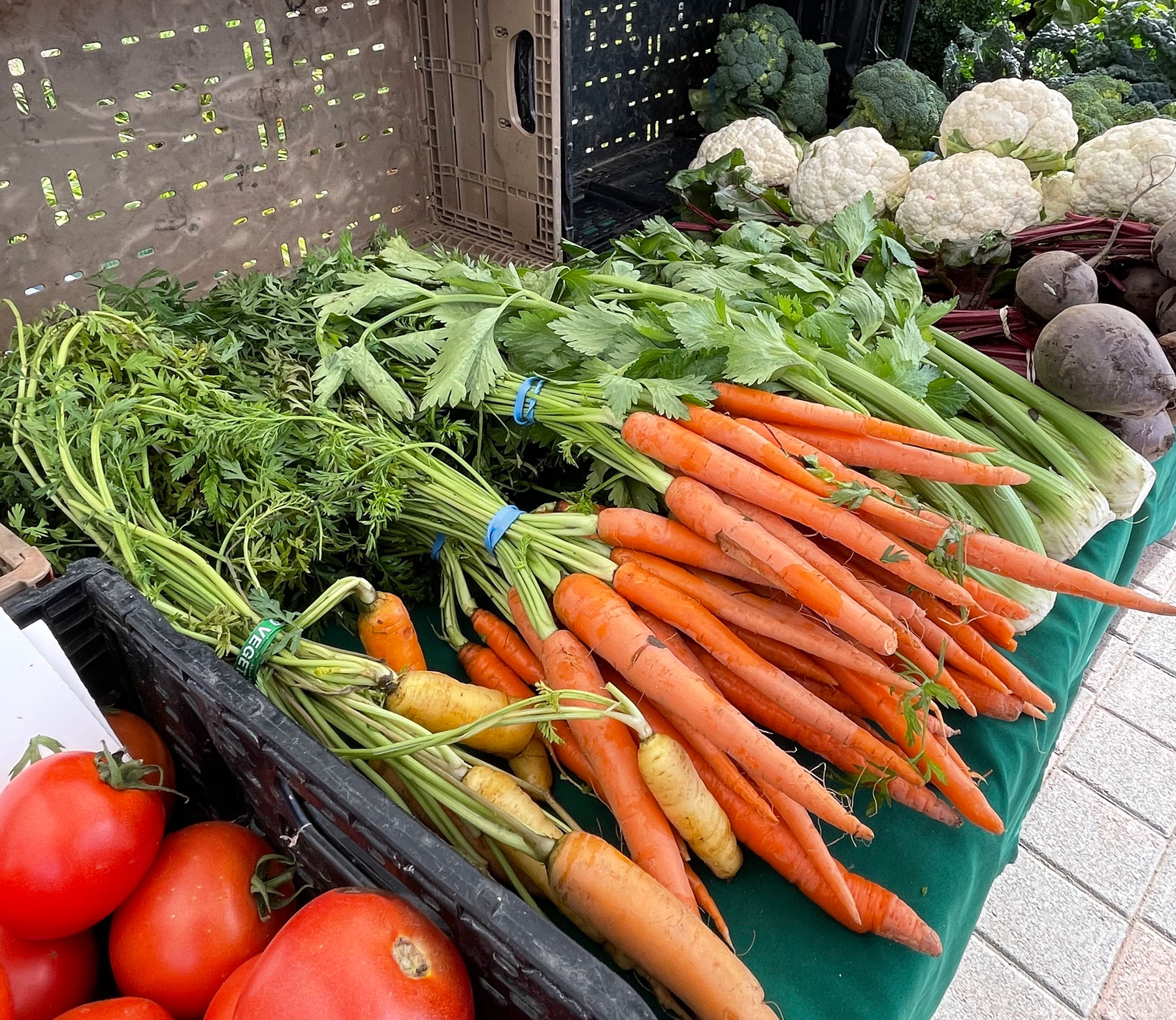 Fresh carrots and vegetables at a farmers market